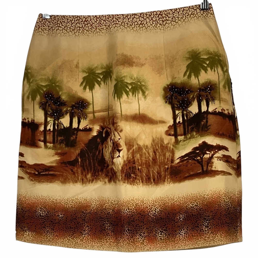 Vtg Silk Club Petite Safari Lion Print Silk Pencil Mini Skirt Beaded Trim Sz 8P